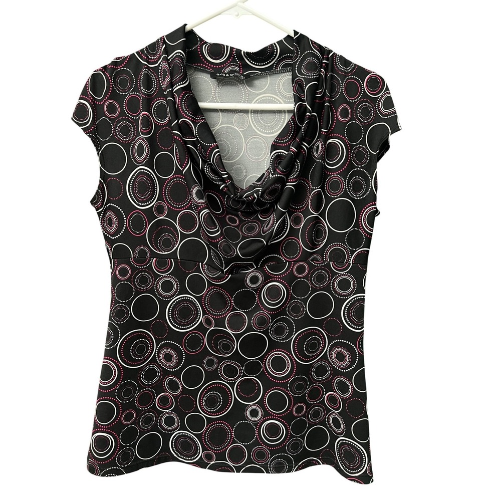 Ava & Grace Womens Black Pink Geometric Circle Print Cowl Cap Sleeve Blouse sz M